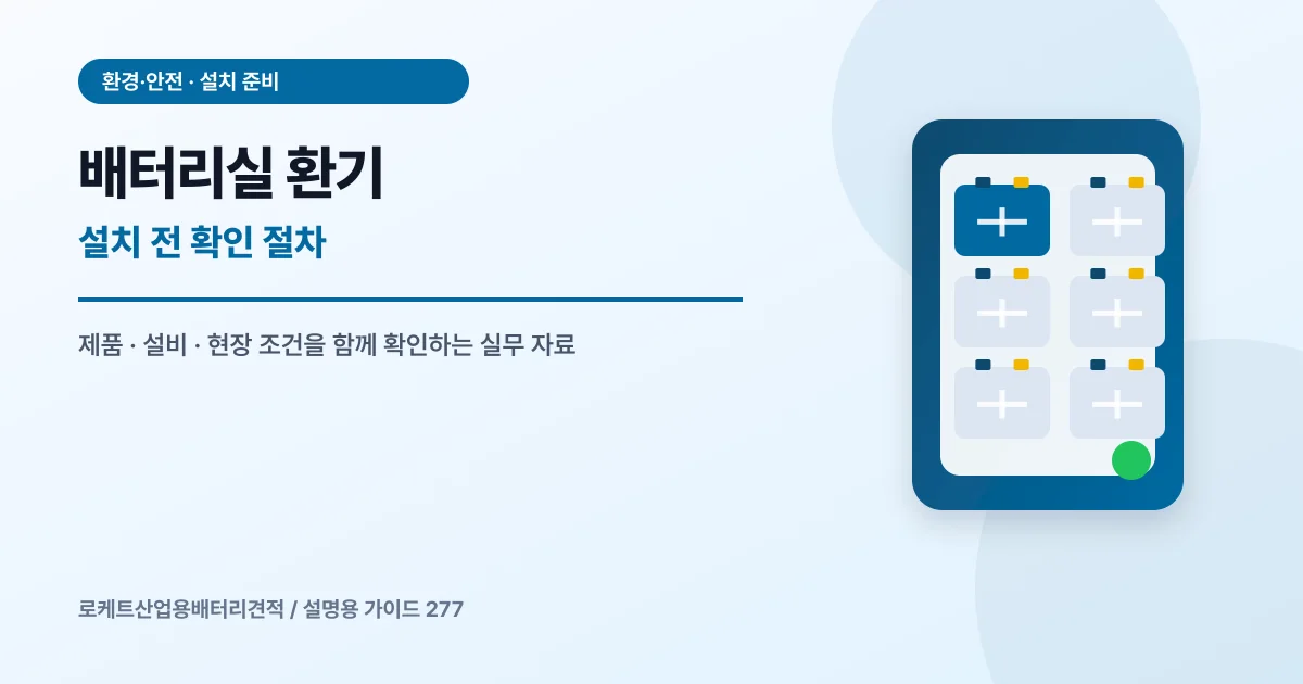 배터리실 환기 설치 전 확인 절차에서 확인할 제품, 설비, 점검 항목을 정리한 설명용 대표 이미지